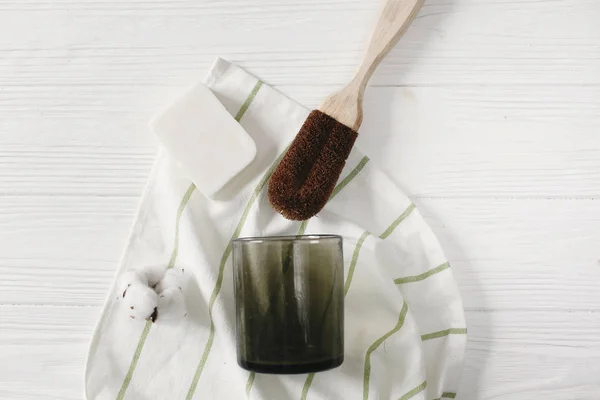 Eco Natural Coconut Soap Brush Washing Dishes Eco Friendly Flat — Stock Photo, Image