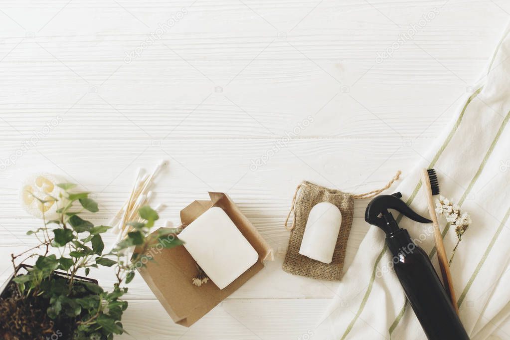 zero waste concept, sustainable lifestyle flat lay. natural eco bamboo toothbrush, coconut soap, handmade detergent, crystal deodorant, luffa, bamboo ear sticks, green leaves