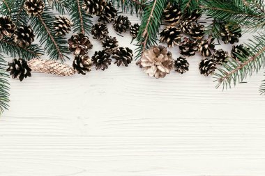 Noel düz yatıyordu. Modern Noel düzeni ile yeşil çam dalları ve altın çam kozalakları, metin için yer ile üstten görünüm. tatil mockup tebrik kartı. şık kış flatlay