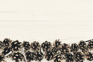 Altın çam kozalakları sınır beyaz Wood, üstten görünüm alanı olan Noel düz yatırın 