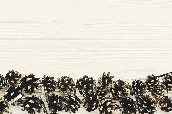 Altın çam kozalakları sınır beyaz Wood, üstten görünüm alanı olan Noel düz yatırın 