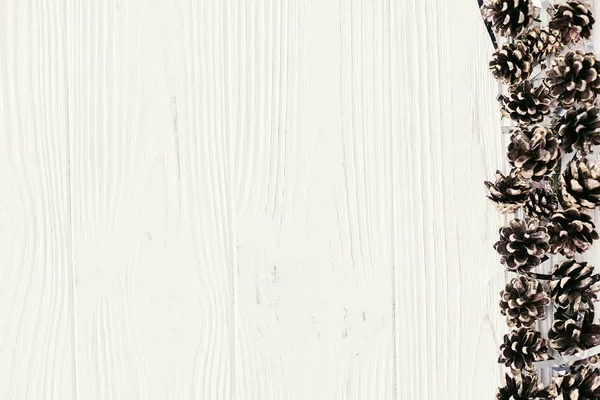 ホワイトウッド スペース平面図のゴールデン パイン コーン境界線とフラット クリスマス レイアウト — ストック写真