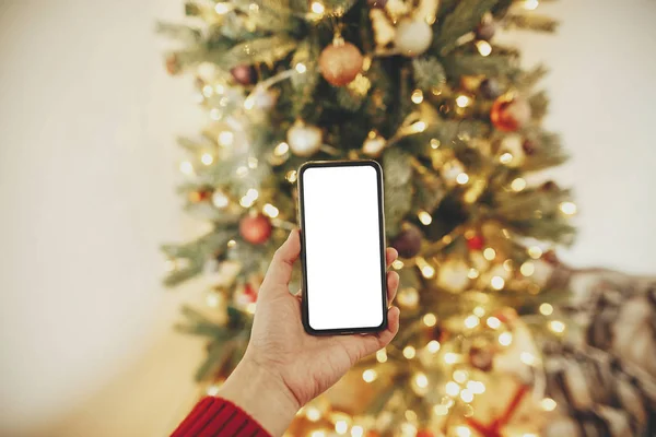 Χριστούγεννα Mockup Χώρο Για Κείμενο Χριστουγεννιάτικη Διαφήμιση Προτύπου App Χέρι — Φωτογραφία Αρχείου