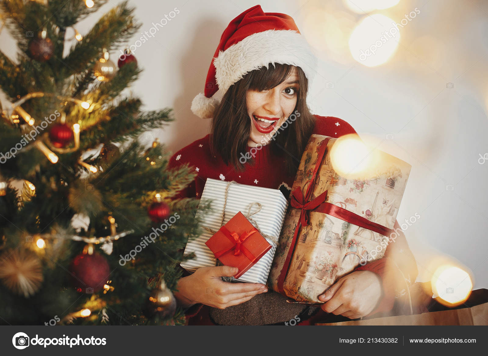 Merry Christmas Happy Girl Santa Hat Holding Many Gift Boxes Stock Photo Image By C Sonyachny
