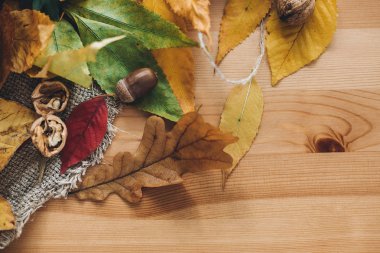 Merhaba sonbahar. güzel renkli yapraklarda meşe palamutları ve fındık ile ahşap masa. Rustik parlak sonbahar görüntü. Hasat zamanı. Mutlu Şükran günleri. Merhaba Eylül, Ekim