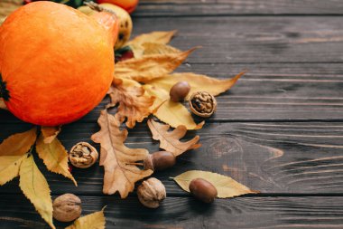 Güzel kabak ile parlak sonbahar yaprakları, meşe palamutları, fındık, çilek ahşap rustik masaya. Metin için yer. Rahat sonbahar sezonu. Mutlu Şükran günü kavramı. Atmosferik görüntü