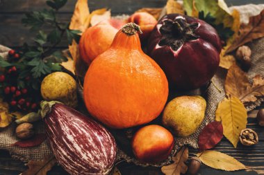 Parlak sonbahar yaprakları, meşe palamutları, ahşap rustik masa fındık güzel kabak, sebze. Metin için yer. Sonbahar sezonu tebrik kartı. Atmosferik görüntü. Mutlu Şükran günü kavramı.