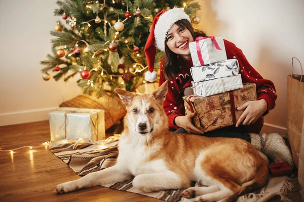 Gelukkig Meisje Kerstmuts Holding Geschenkdozen Schattige Hond Zit Gouden Mooie — Stockfoto