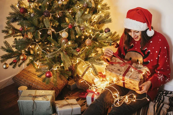 Happy Young Woman Santa Hat Opening Gift Box Golden Beautiful — Stock Photo, Image