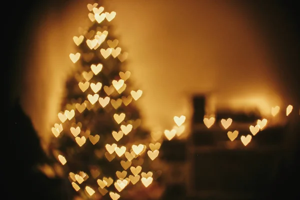 Christmas Abstract Background Beautiful Christmas Tree Golden Lights Hearts Bokeh — Stock Photo, Image