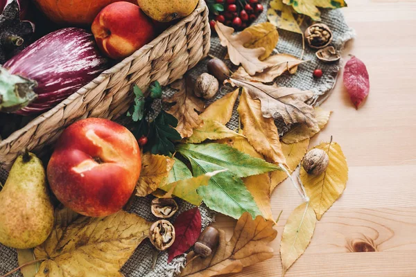 Pięknej Jesieni Dyni Warzyw Kosz Kolorowe Liści Żołędzi Orzechów Drewnianym — Zdjęcie stockowe