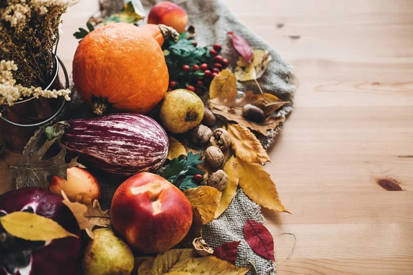 Calabaza Manzanas Berenjena Verduras Hojas Coloridas Con Bellotas Nueces Mesa — Foto de Stock