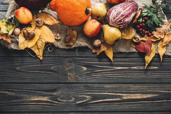 Calabaza Verduras Otoño Con Hojas Colores Bellotas Nueces Bayas Mesa — Foto de Stock