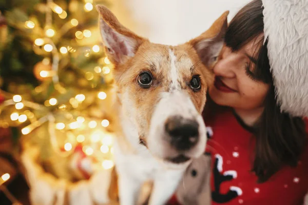 Gelukkig Meisje Santa Hat Knuffelen Met Schattige Hond Achtergrond Van — Stockfoto