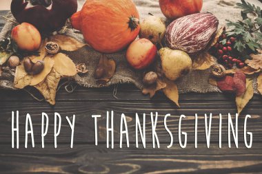 Mutlu Şükran metni kabak, sonbahar sebze ile renkli yaprakları, meşe palamutları, fındık, çilek ahşap rustik masa, düz üzerinde yatıyordu. Mevsim tebrik kartı. Atmosferik görüntü