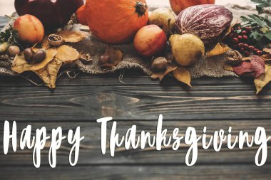 Mutlu Şükran günü metin kabak, renkli yaprakları, meşe palamutları, fındık, sonbahar sebzeleri güzel kompozisyon üzerinde ahşap rustik masa üzerinde meyveleri. Mevsim tebrik kartı