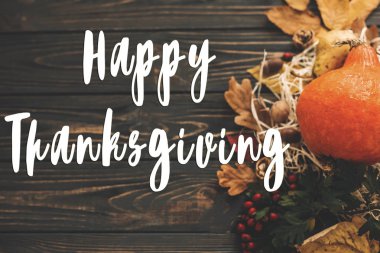 Mutlu Şükran günü metin kabak, renkli yaprakları, meşe palamutları, fındık, sonbahar sebzeleri güzel kompozisyon üzerinde ahşap rustik masa üzerinde meyveleri. Mevsim tebrik kartı