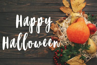 Mutlu Halloween metin kabak, renkli yaprakları, meşe palamutları, fındık, sonbahar sebzeleri güzel kompozisyon üzerinde ahşap rustik masa üzerinde meyveleri. Mevsim tebrik kartı. Atmosferik görüntü