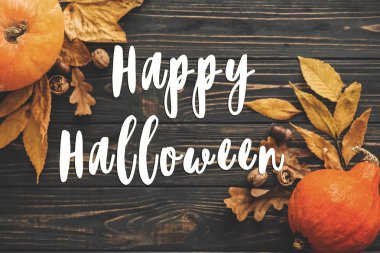 Güzel kabak parlak sonbahar yaprakları, meşe palamutları, ahşap rustik masa fındık ile mutlu Halloween metin, düz yatıyordu. Atmosferik görüntü. Mevsim tebrik kartı.