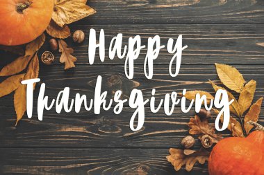 Mutlu Şükran günü metin parlak sonbahar yaprakları, meşe palamutları, ahşap rustik masa fındık ile güzel kabak üzerinde düz yatıyordu. Mevsim tebrik kartı. Atmosferik görüntü