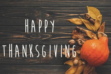 Mutlu Şükran günü metin parlak sonbahar yaprakları, meşe palamutları, ahşap rustik masa fındık ile güzel kabak üzerinde düz yatıyordu. Mevsim tebrik kartı. Atmosferik görüntü