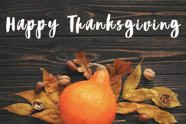 Happy Thanksgiving Text Beautiful Pumpkin Bright Autumn Leaves Acorns Nuts — Stock Photo, Image