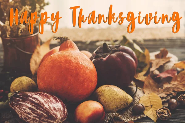Happy Thanksgiving Text Beautiful Pumpkins Light Vegetables Bright Autumn Leaves — Stock Photo, Image