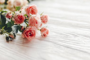 Küçük pembe gül ışık, metin için yer ahşap arka plan üzerinde. Çiçek tebrik kartı mockup. Düğün davetiyesi, mutlu anneler günü ya da Sevgililer günü kavramı. İhale çiçek resim