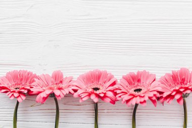 Pembe gerbera çiçekleri Beyaz ahşap arka planda, düz metin için yer yatırın. Parlak çiçek tebrik kartı mockup. Düğün davetiyesi, mutlu anneler günü ya da Sevgililer günü kavramı.