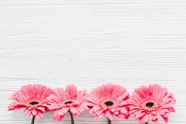 Pembe gerbera çiçekleri Beyaz ahşap arka planda, düz metin için yer yatırın. Parlak çiçek tebrik kartı mockup. Düğün davetiyesi, mutlu anneler günü ya da Sevgililer günü kavramı.