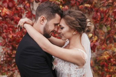 Muhteşem gelin ve yavaşça sarılma ve kırmızı sonbahar yaprak duvara gülümseyen şık damat. Mutlu şehvetli düğün çifti kucaklayan. Yeni evli romantik anları