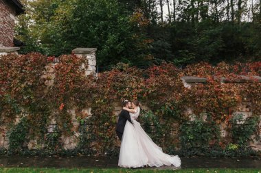 Muhteşem gelin ve yavaşça sarılma ve sonbahar kırmızı yaprakları eski duvar gülümseyen şık damat. Mutlu şehvetli düğün çifti kucaklayan. Yeni evliler romantik anları