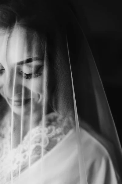 Великолепная Красивая Невеста Улыбается Шелковом Халате Вуалем Позируя Окне Мягком — стоковое фото