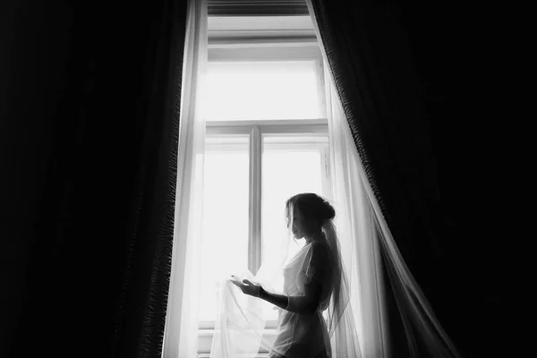 Gyönyörű Szép Menyasszony Silhouette Selyem Köntöst Fátyol Pózol Ablak Alatt — Stock Fotó