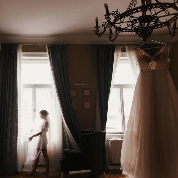 スタイリッシュなウェディング ドレスを見て 窓の光にゴージャスな花嫁のシルエット立っては朝シャンデリアに掛かっています 花嫁と彼女の美しいウェディング ドレス 女性のための準備 — ストック写真