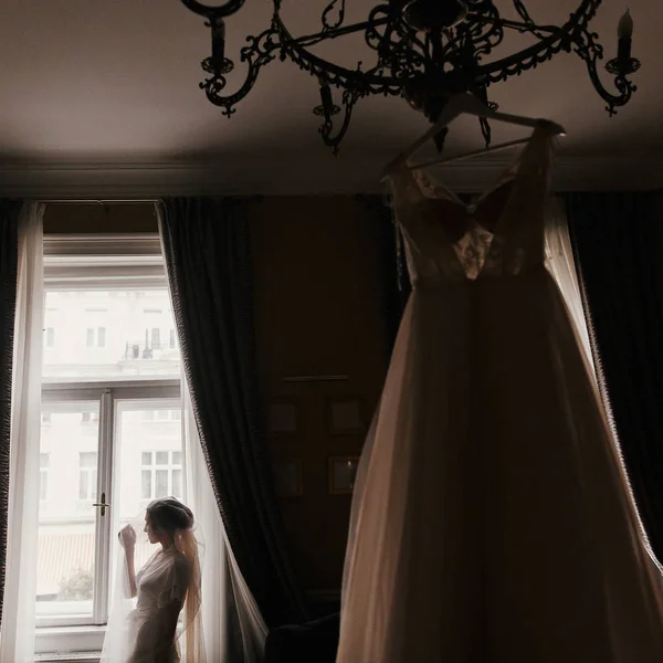 Gorgeous Bride Silhouette Standing Window Light Looking Stylish Wedding Dress — Stock Photo, Image