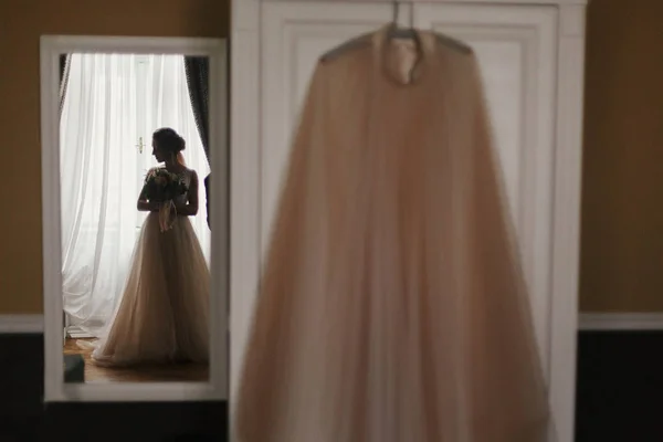 Gorgeous Bride Silhouette Standing Window Light Looking Stylish Wedding Dress — Stock Photo, Image