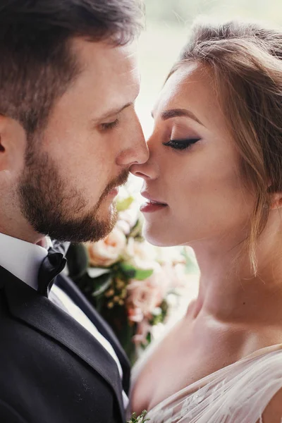 Gorgeous Bride Stylish Groom Gently Hugging Embracing Window Light Sensual — Stock Photo, Image