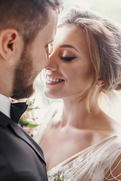 Gorgeous Bride Stylish Groom Gently Hugging Embracing Window Light Sensual — Stock Photo, Image