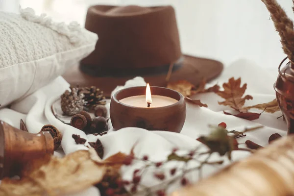 时尚的秋季照片 美丽的秋天叶子 蜡烛光 肉桂在柔和的白色背景 节日问候 舒适的秋天形象 — 图库照片
