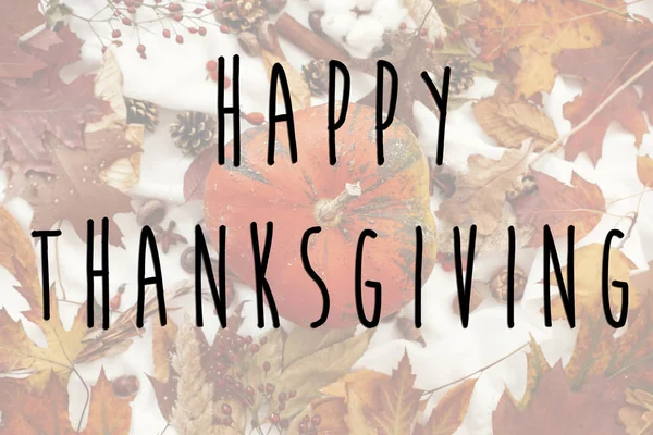 Happy Thanksgiving Text Autumn Flat Lay Pumpkin Beautiful Fall Leaves — стоковое фото