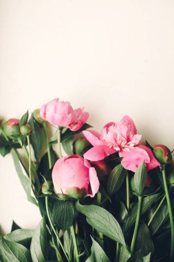 çok güzel pembe peonies rustik beyaz ahşap arka planda metin için yer. çiçek tebrik kartı, düz yatıyordu. güzel şakayık çiçekleri, ihale görüntü. mutlu anneler ya da kadın gün kavramı
