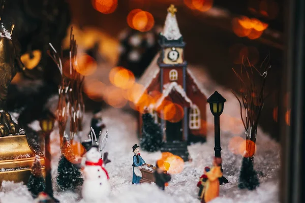 Magic Little Christmas City Miniature Snow Snowman Lights People Children — Stock Photo, Image