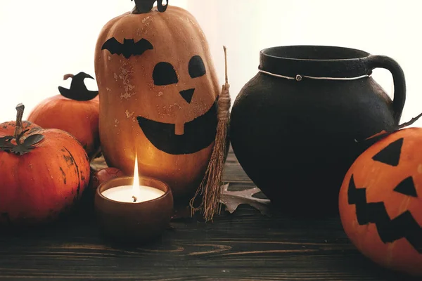 Happy Halloween Konzept Kürbisse Hexenkessel Fledermäuse Spinne Kerzenlicht Und Herbstblätter — Stockfoto