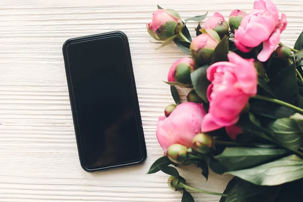 Lovely Pink Peonies Phone Empty Screen Rustic White Wooden Background — Stock Photo, Image