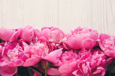 çok güzel pembe peonies rustik beyaz ahşap arka planda metin için yer. çiçek tebrik kartı, düz yatıyordu. güzel şakayık çiçekleri, ihale görüntü. mutlu anneler ya da kadın gün kavramı