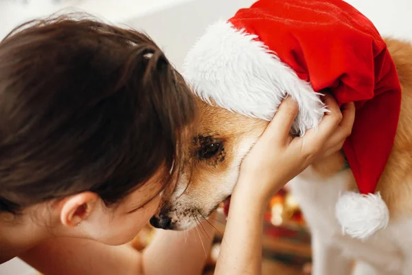 Meisje Knuffelen Schattige Hond Kerstmuts Met Grappige Emoties Ogen Zittend — Stockfoto