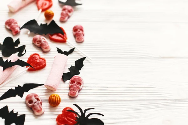 Halloween Bonbons Vacances Avec Chauves Souris Araignées Fantômes Crânes Vue — Photo