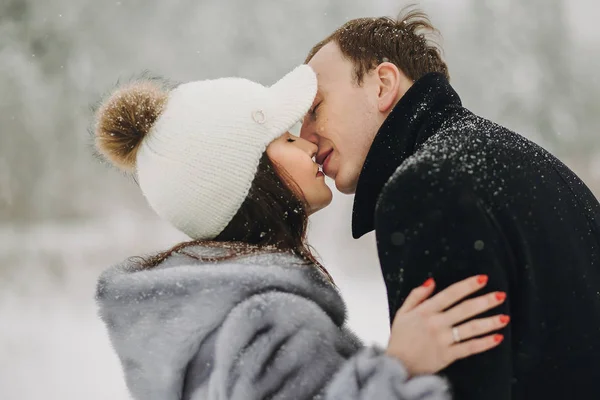 Elegante Pareja Enamorada Besándose Suavemente Las Montañas Nevadas Retratos Familia — Foto de Stock