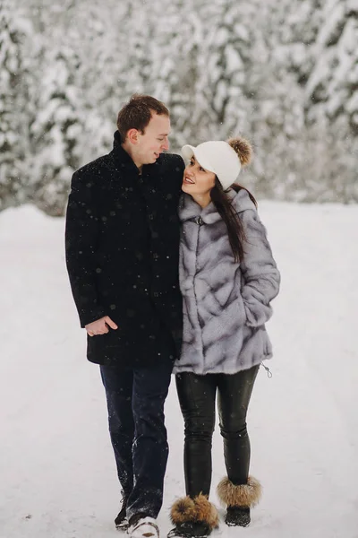 Elegante Pareja Enamorada Abrazándose Las Montañas Nevadas Retratos Familia Feliz — Foto de Stock